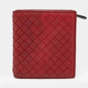 Pre Owned Bottega Veneta Red Intrecciato Leather Flap Compact Wallet