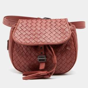 Bottega Veneta Brown Intrecciato Leather Flap Tassel Belt Bag