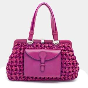 Pre Owned Bottega Veneta Pink/Purple Woven Leather And Velvet Frame Satchel