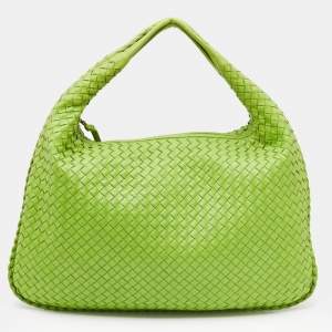 Pre Owned Bottega Veneta Green Intrecciato Leather Large Veneta Hobo