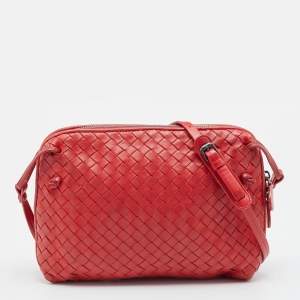 Pre Owned Bottega Veneta Red Intrecciato Leather Nodini Crossbody Bag
