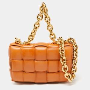 Pre Owned Bottega Veneta Orange Padded Leather Chain Cassette Shoulder Bag