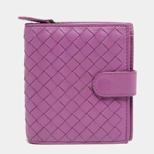 Pre Owned Bottega Veneta Purple Intrecciato Leather French Compact Wallet