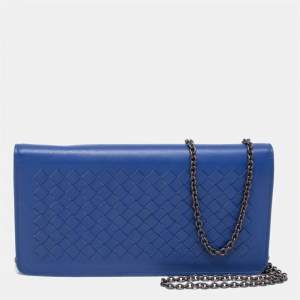 Pre Owned Bottega Veneta Blue Intrecciato Leather Flap Wallet On Chain