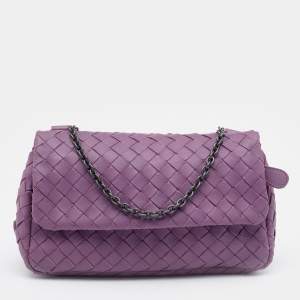 Pre Owned Bottega Veneta Light Purple Intrecciato Leather Small Flap Chain Crossbody Bag