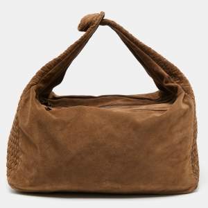 Pre Owned Bottega Veneta Brown Intrecciato Suede Knot Hobo