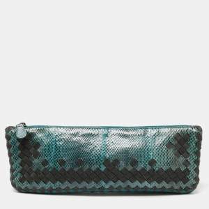 Pre Owned Bottega Veneta Green/Black Snakeskin And Fabric Trim Intrecciato Clutch