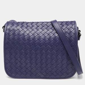 Pre Owned Bottega Veneta Purple Intrecciato Leather Flap Crossbody Bag