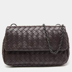Pre Owned Bottega Veneta Prune Purple Intrecciato Leather Flap Chain Bag