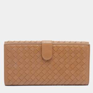 Pre Owned Bottega Veneta Brown Intrecciato Leather Flap Continental Wallet
