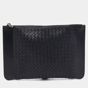 Pre Owned Bottega Veneta Black Intrecciato Leather Top Zip Pouch