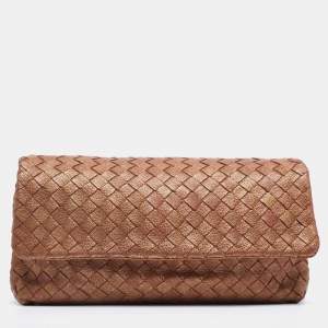 Pre Owned Bottega Veneta Gold/Brick Intrecciato Leather Flap Clutch