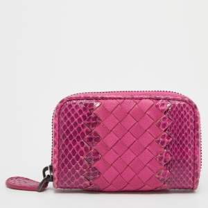 Pre Owned Bottega Veneta Pink Snakeskin Intrecciato Leather Zip Around Wallet