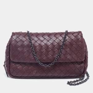 Pre Owned Bottega Veneta Burgundy Intrecciato Leather Flap Chain Bag