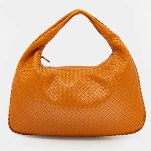 Pre Owned Bottega Veneta Orange Intrecciato Leather Large Veneta Hobo