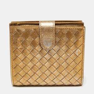 Pre Owned Bottega Veneta Gold Intrecciato Leather French Wallet