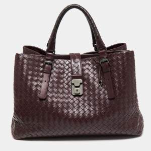 Pre Owned Bottega Veneta Burgundy Intrecciato Leather Large Roma Tote
