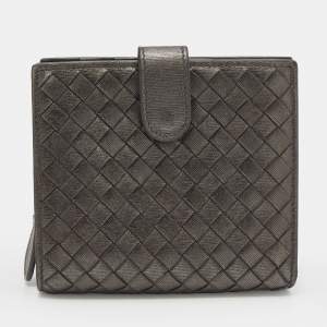 Pre Owned Bottega Veneta Metallic Grey Intrecciato Leather French Wallet