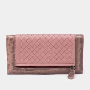 Pre Owned Bottega Veneta Pink Intrecciato Leather and Karung Trim Continental Wallet