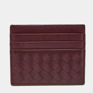 Pre Owned Bottega Veneta Burgundy Intrecciato Leather Card Holder