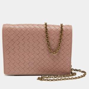 Pre Owned Bottega Veneta Old Rose Intrecciato Leather Wallet on Chain