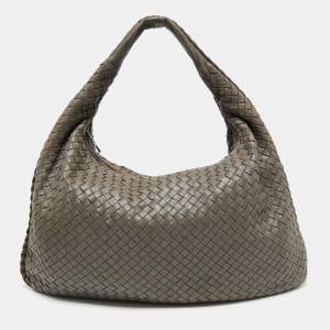 Pre Owned Bottega Veneta Olive Green Intrecciato Leather Large Veneta Hobo