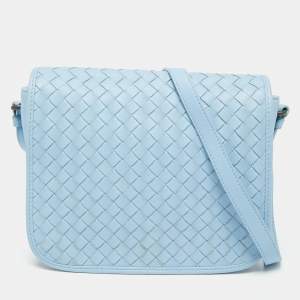 Pre Owned Bottega Veneta Baby Blue Intrecciato Leather Flap Crossbody Bag