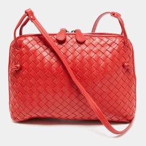 Pre Owned Bottega Veneta Red Intrecciato Leather Nodini Crossbody Bag