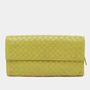 Pre Owned Bottega Veneta Lime Green Intrecciato Leather Flap Continental Wallet