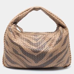 Pre Owned Bottega Veneta Beige Zebra Print Leather and Snakeskin Trim Veneta Hobo 