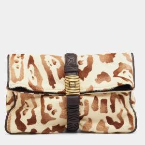 Pre Owned Bottega Veneta Beige/Brown Leopard Print Calf Hair and Leather Foldover Clutch