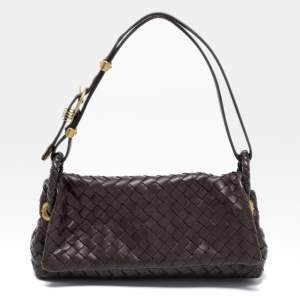 Pre Owned Bottega Veneta Dark Brown Intrecciato Leather Flap Baguette Bag