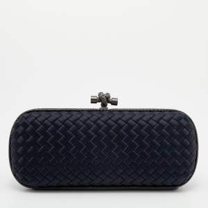 Pre Owned Bottega Veneta Black Intrecciato Satin and Karung Trim Knot Clutch