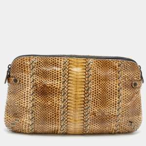 Pre Owned Bottega Veneta Brown Intrecciato Snakeskin Clutch