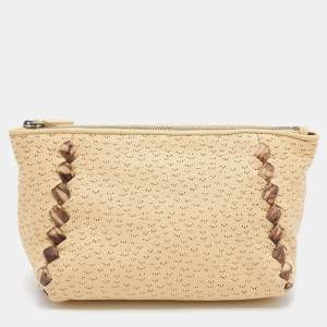 Pre Owned Bottega Veneta Cream/Brown Perforated Deerskin Zip Pouch