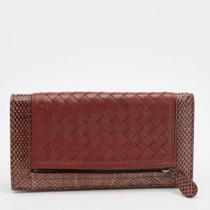 Pre Owned Bottega Veneta Maroon Python and Intrecciato Leather Bifold Wallet