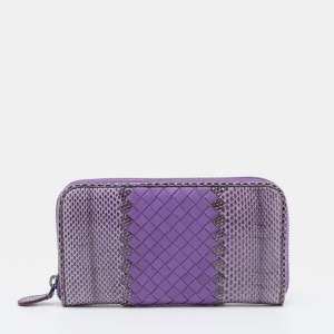 Pre Owned Bottega Veneta Purple Python and Intrecciato Leather Zip Around Wallet