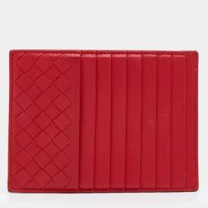 Pre Owned Bottega Veneta Red Intrecciato Leather Card Holder