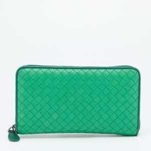 Pre Owned Bottega Veneta Green Intrecciato Leather Zip Around Wallet