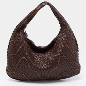 Pre Owned Bottega Veneta Brown Intrecciato Leather Chain Link Detail Hobo