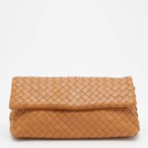 Pre Owned Bottega Veneta Brown Intrecciato Leather Flap Clutch