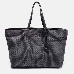 Pre Owned Bottega Veneta Grey Intrecciolusion Nylon and Leather Medium Tote 