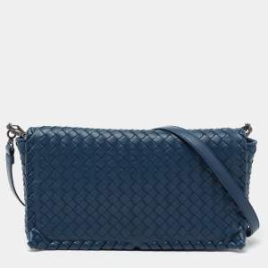 Pre Owned Bottega Veneta Blue Intrecciato Leather Flap Shoulder Bag
