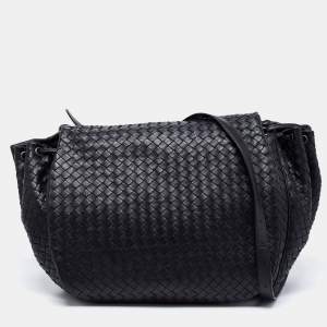 Pre Owned Bottega Veneta Black Intrecciato Leather Drawstring Flap Shoulder Bag