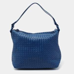 Pre Owned Bottega Veneta Blue Intrecciato Leather Shoulder Bag