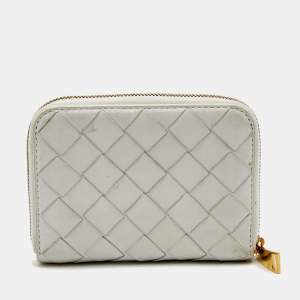 Bottega Veneta Off White Intrecciato Leather Zip Coin Purse