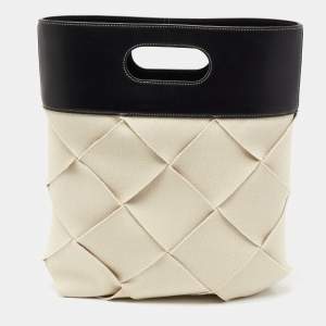 Pre Owned Bottega Veneta Black/Cream Leather And Woven Canvas Slip Tote