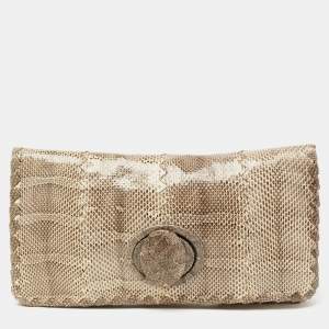 Pre Owned Bottega Veneta Black/Cream Intrecciato Snakeskin Twist Lock Clutch