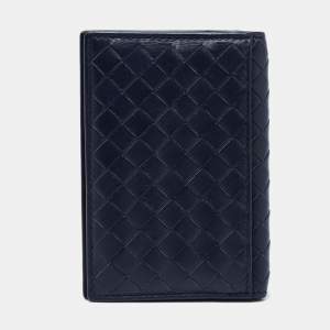 Pre Owned Bottega Veneta Navy Blue Intrecciato Leather Business Card Holder
