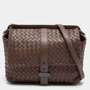 Pre Owned Bottega Veneta Brown Leather Intrecciato Double Sided Flap Shoulder Bag